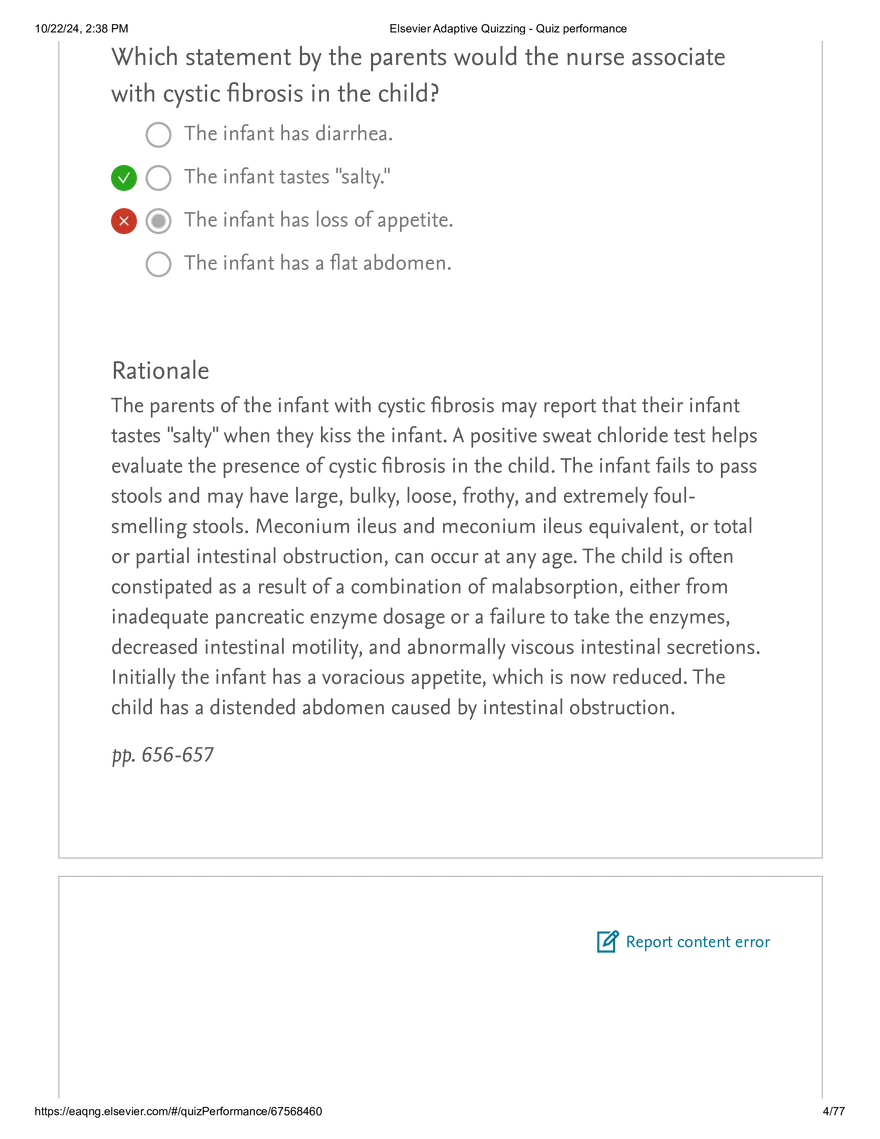 Elsevier Adaptive Quizzing - Quiz performance respiratory - Page 24