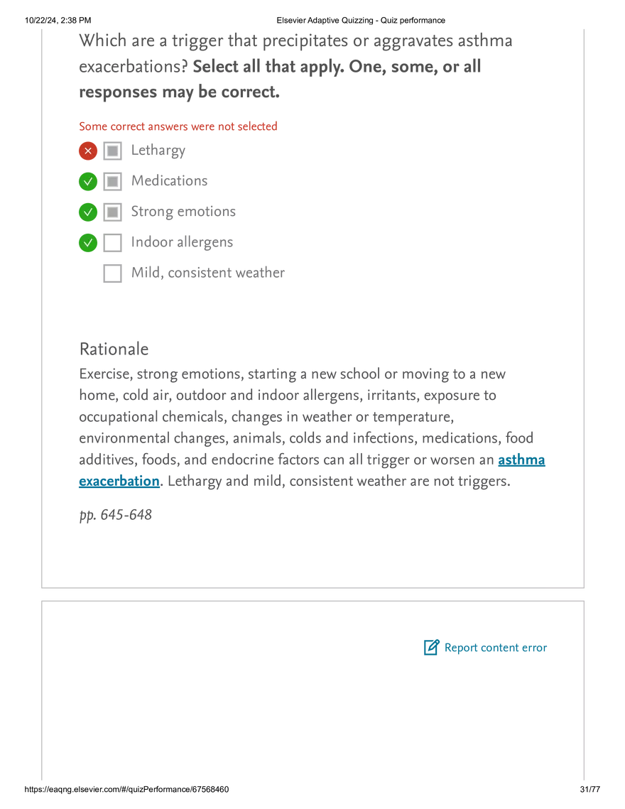 Elsevier Adaptive Quizzing - Quiz performance respiratory - Page 25