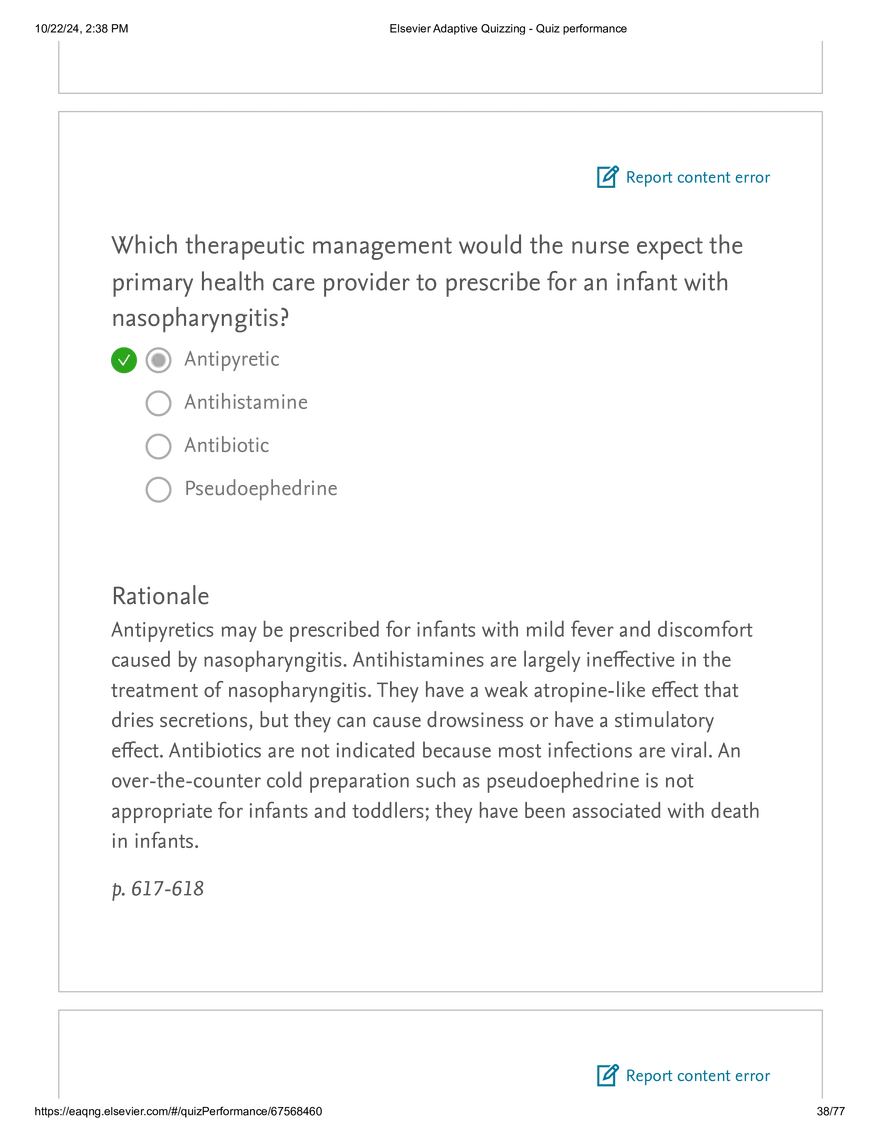 Elsevier Adaptive Quizzing - Quiz performance respiratory - Page 32