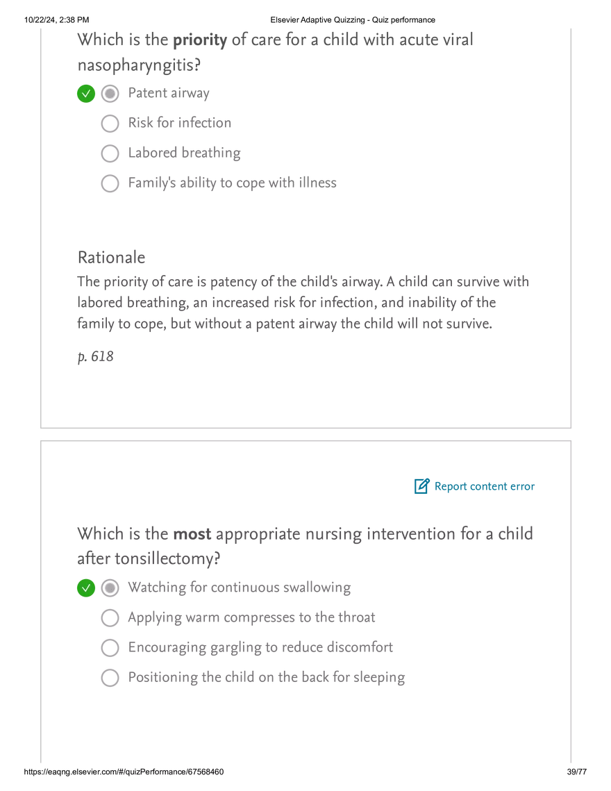 Elsevier Adaptive Quizzing - Quiz performance respiratory - Page 33