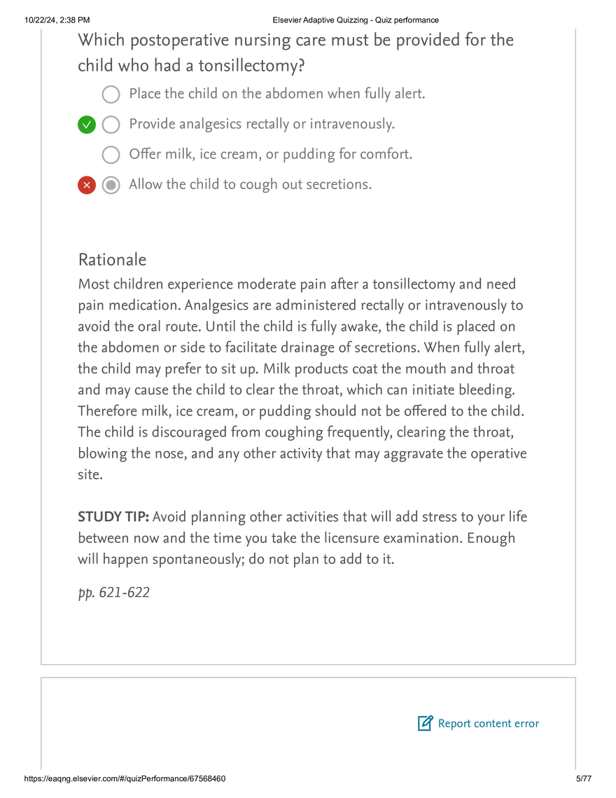 Elsevier Adaptive Quizzing - Quiz performance respiratory - Page 35