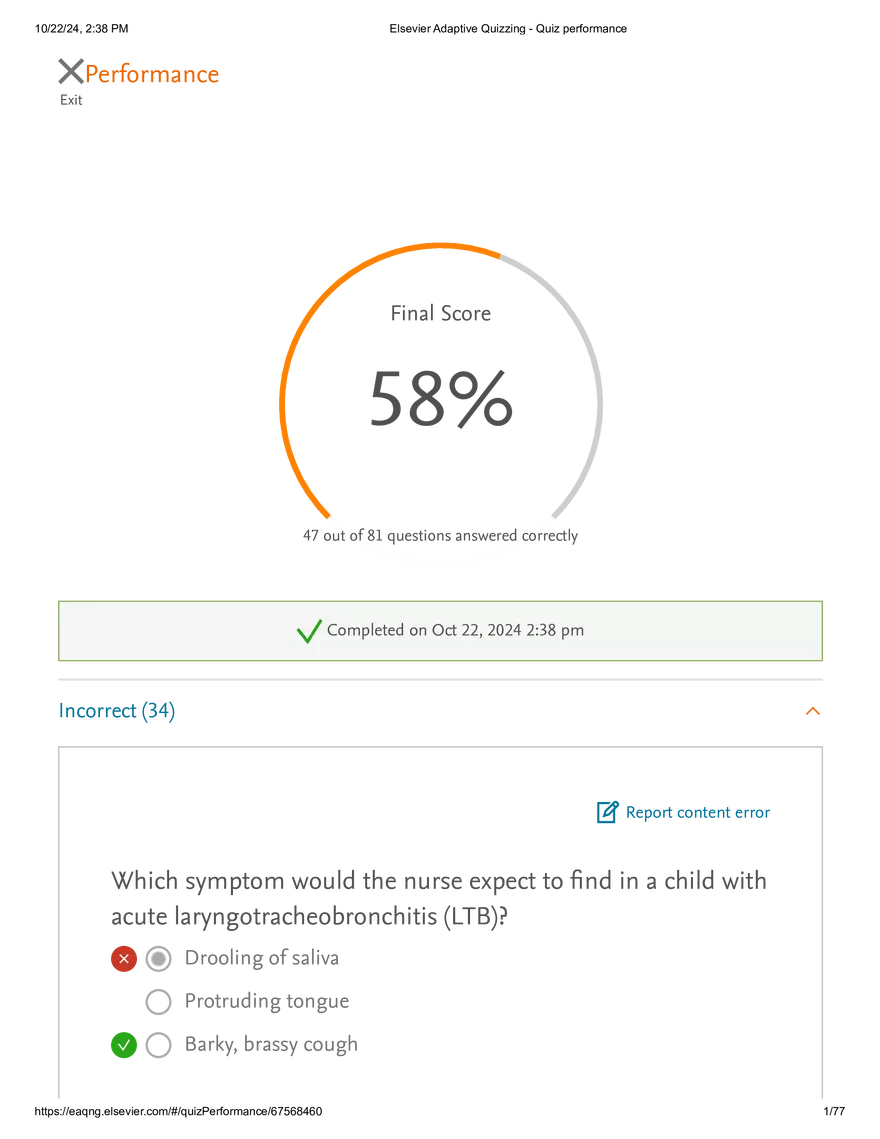 Elsevier Adaptive Quizzing - Quiz performance respiratory - Page 1