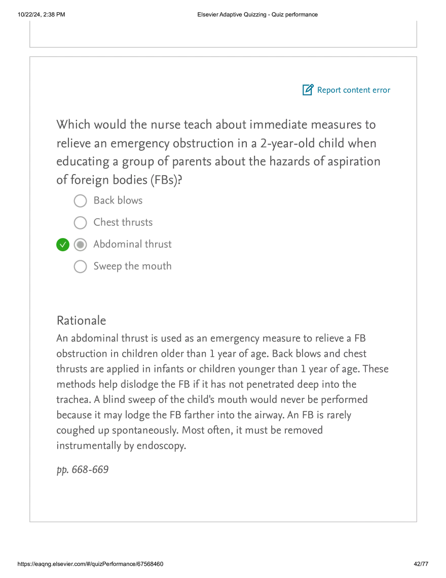 Elsevier Adaptive Quizzing - Quiz performance respiratory - Page 37