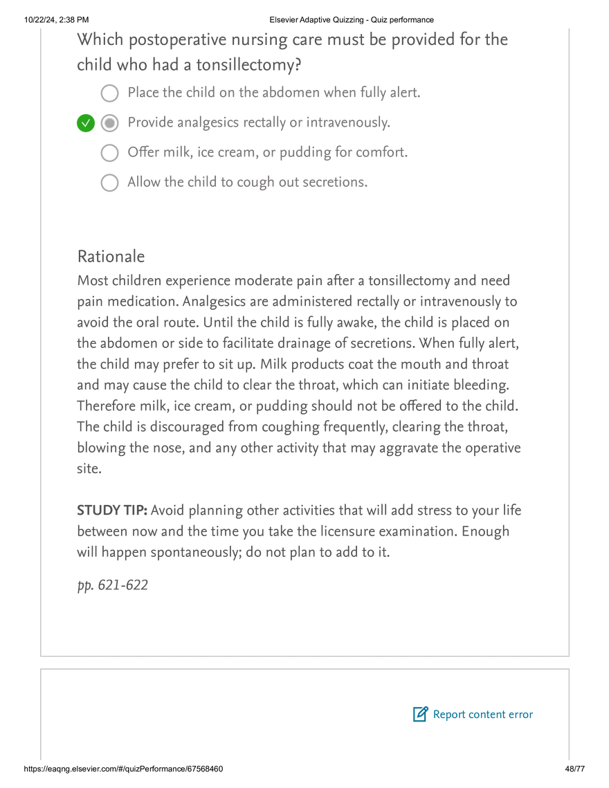 Elsevier Adaptive Quizzing - Quiz performance respiratory - Page 43
