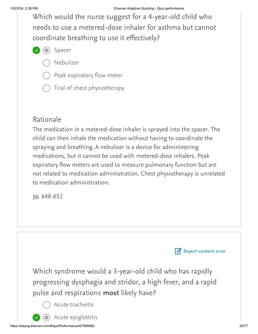 Elsevier Adaptive Quizzing - Quiz performance respiratory - Page 45