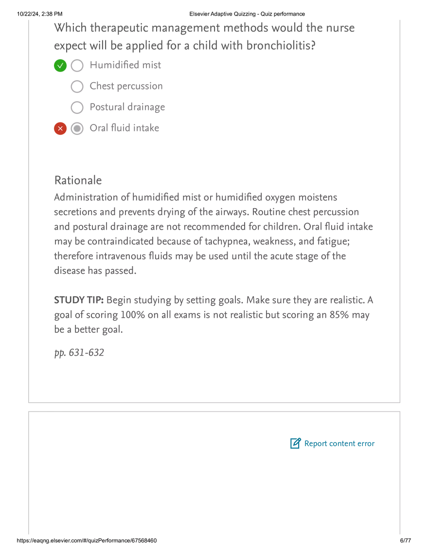 Elsevier Adaptive Quizzing - Quiz performance respiratory - Page 46