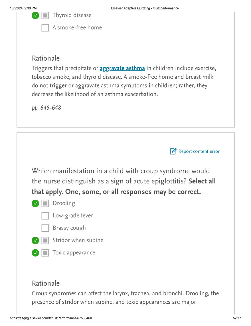 Elsevier Adaptive Quizzing - Quiz performance respiratory - Page 48