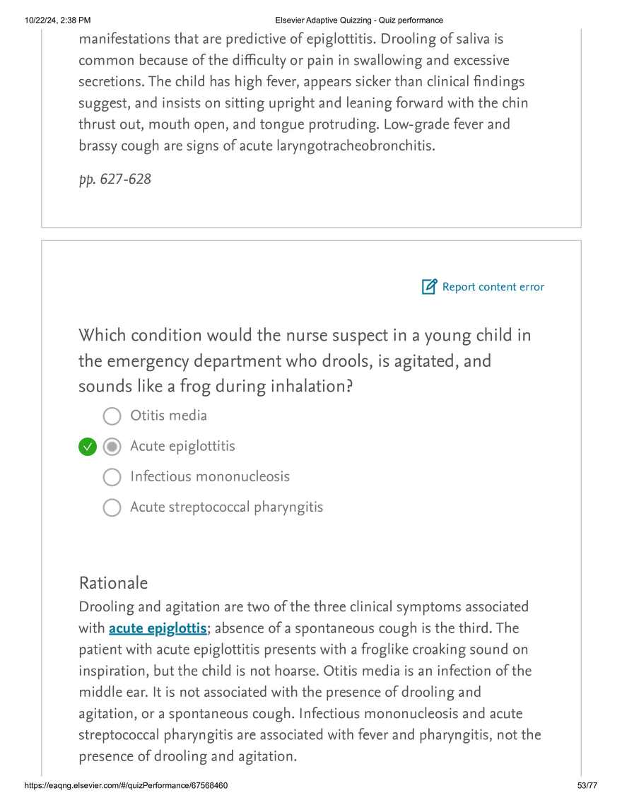 Elsevier Adaptive Quizzing - Quiz performance respiratory - Page 49