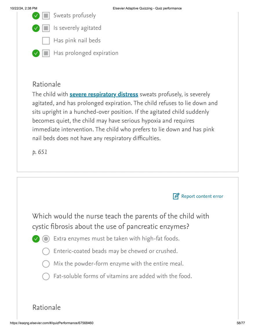 Elsevier Adaptive Quizzing - Quiz performance respiratory - Page 54