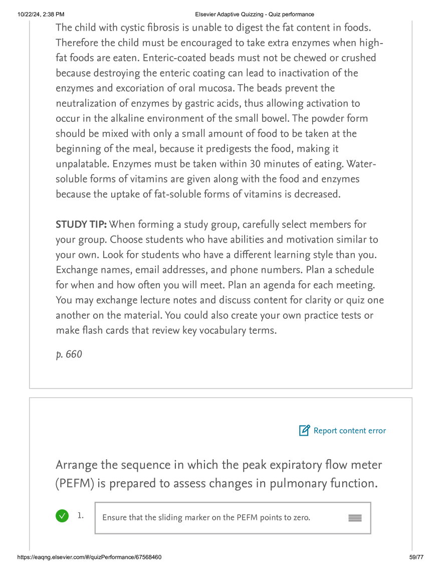 Elsevier Adaptive Quizzing - Quiz performance respiratory - Page 55