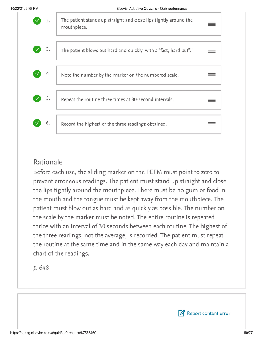 Elsevier Adaptive Quizzing - Quiz performance respiratory - Page 56
