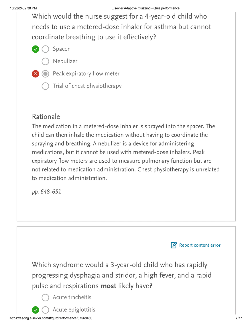 Elsevier Adaptive Quizzing - Quiz performance respiratory - Page 57