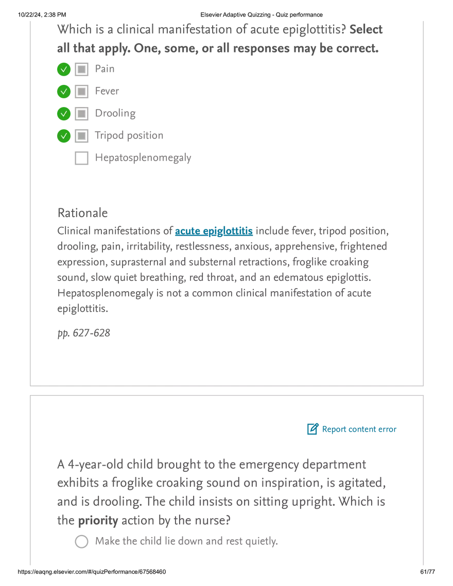 Elsevier Adaptive Quizzing - Quiz performance respiratory - Page 58