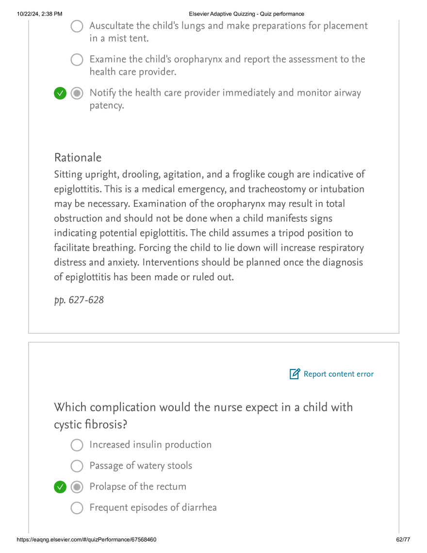 Elsevier Adaptive Quizzing - Quiz performance respiratory - Page 59