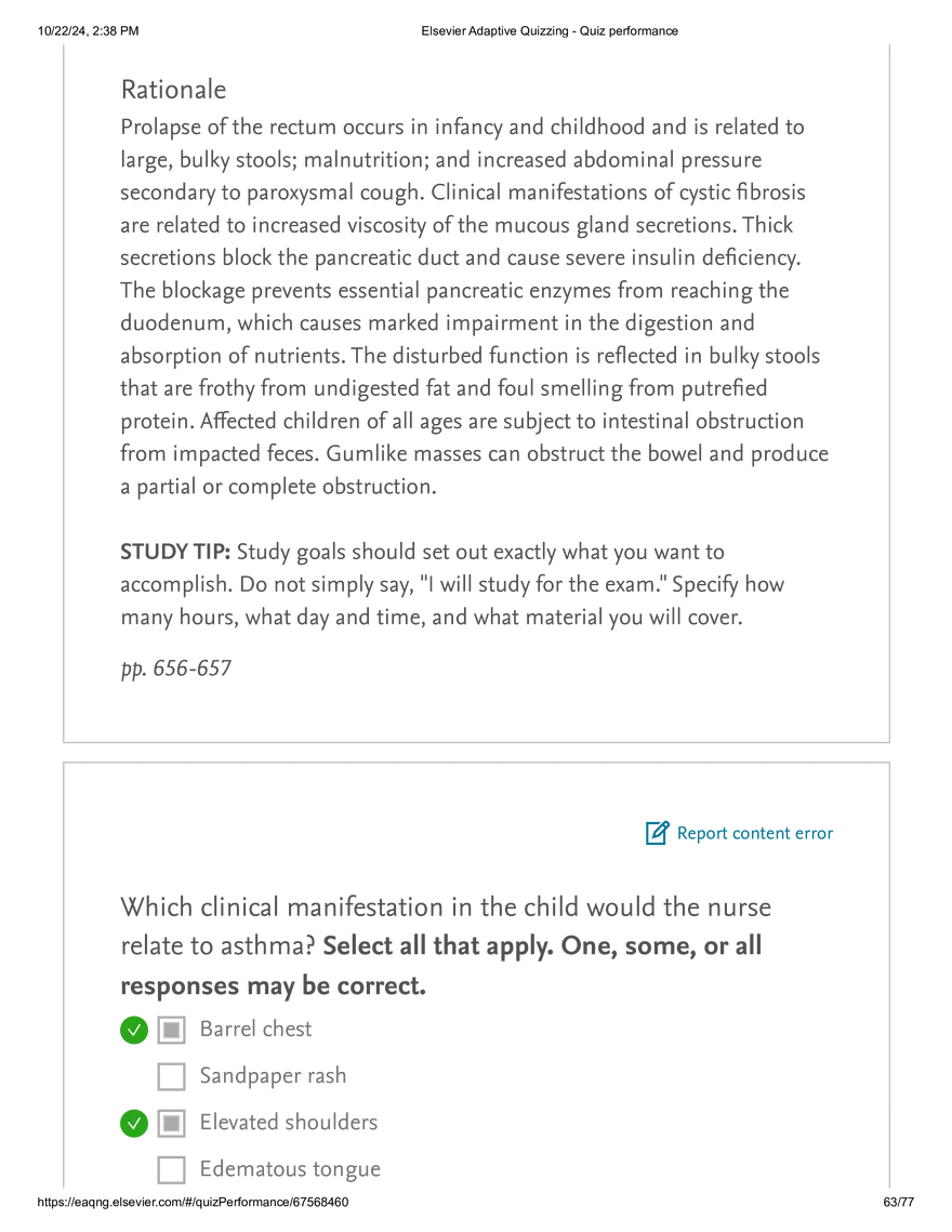 Elsevier Adaptive Quizzing - Quiz performance respiratory - Page 60