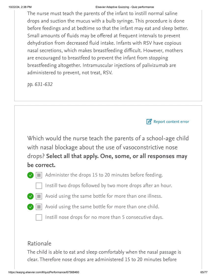 Elsevier Adaptive Quizzing - Quiz performance respiratory - Page 62