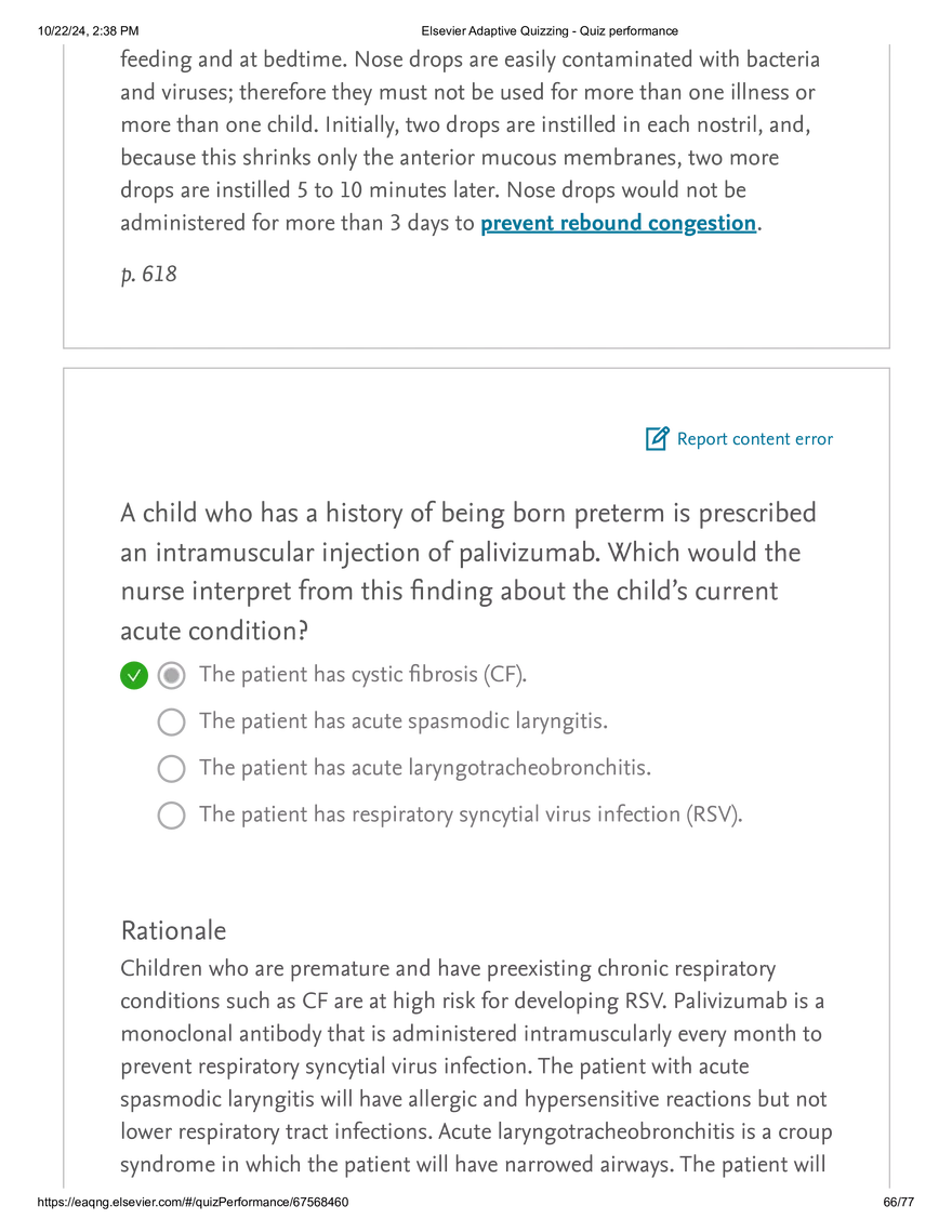 Elsevier Adaptive Quizzing - Quiz performance respiratory - Page 63