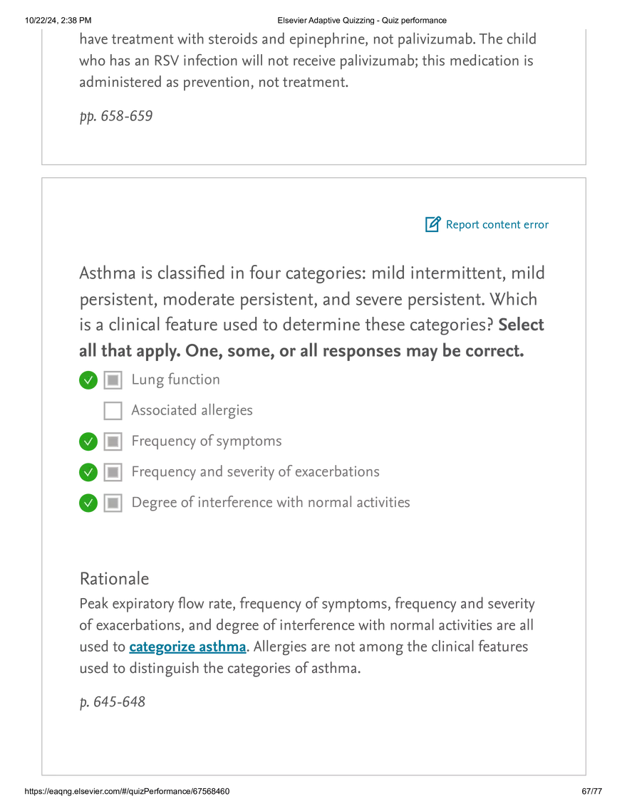 Elsevier Adaptive Quizzing - Quiz performance respiratory - Page 64