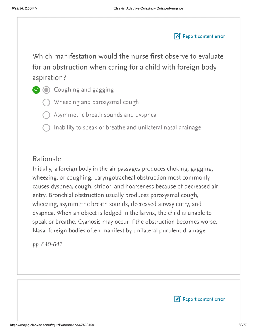 Elsevier Adaptive Quizzing - Quiz performance respiratory - Page 65