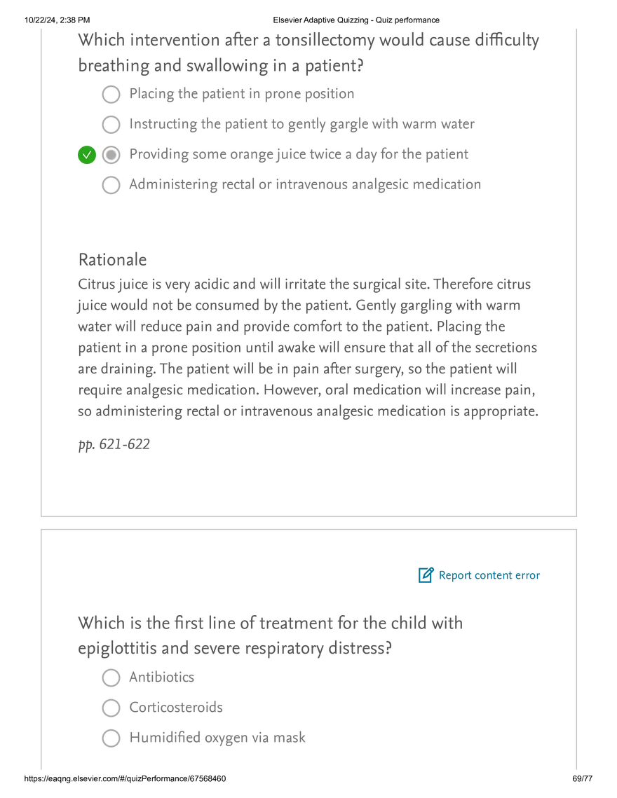 Elsevier Adaptive Quizzing - Quiz performance respiratory - Page 66