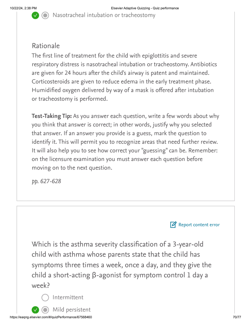 Elsevier Adaptive Quizzing - Quiz performance respiratory - Page 67
