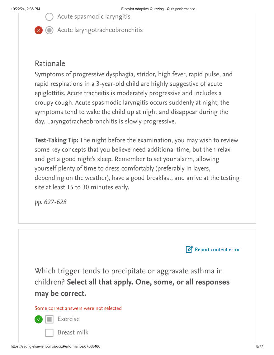 Elsevier Adaptive Quizzing - Quiz performance respiratory - Page 68