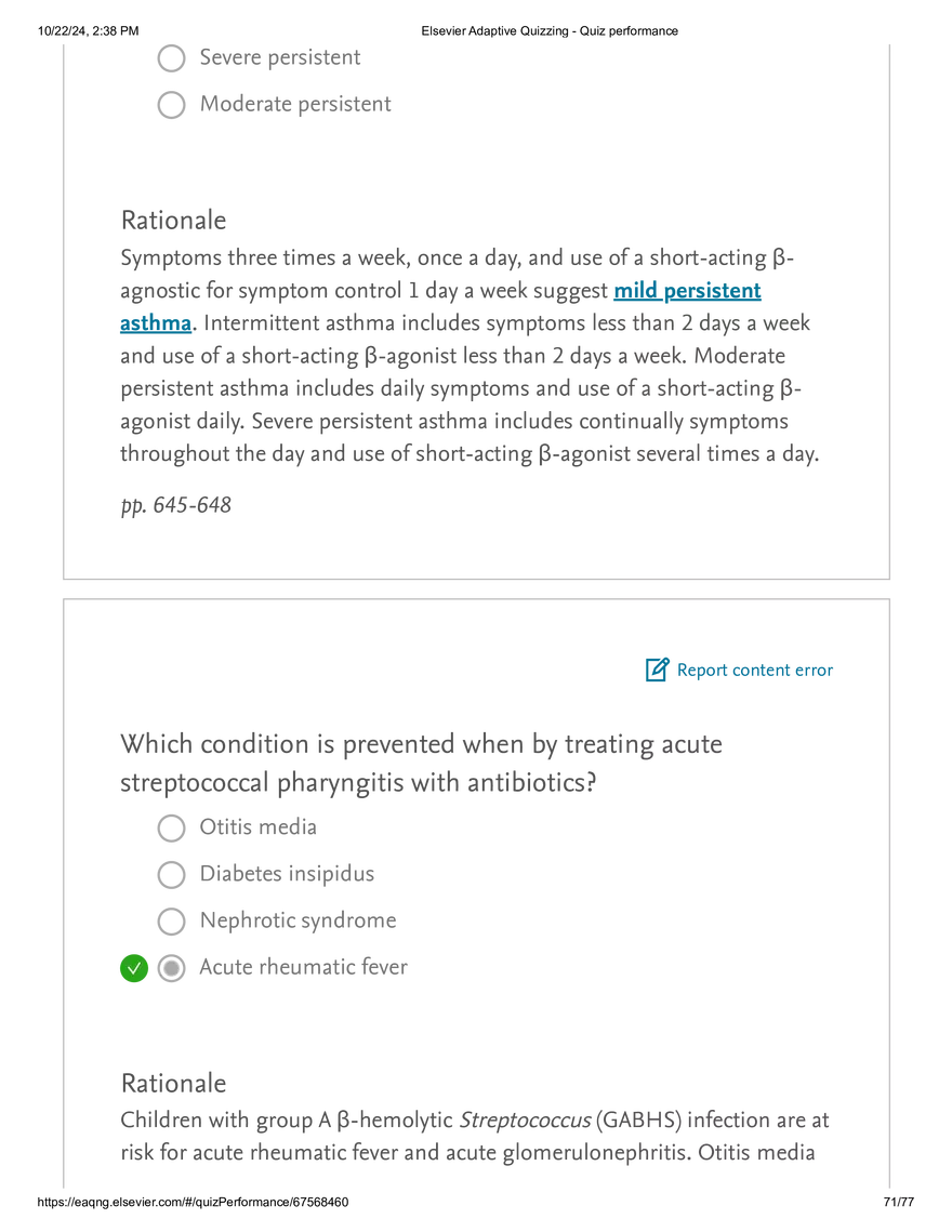 Elsevier Adaptive Quizzing - Quiz performance respiratory - Page 69