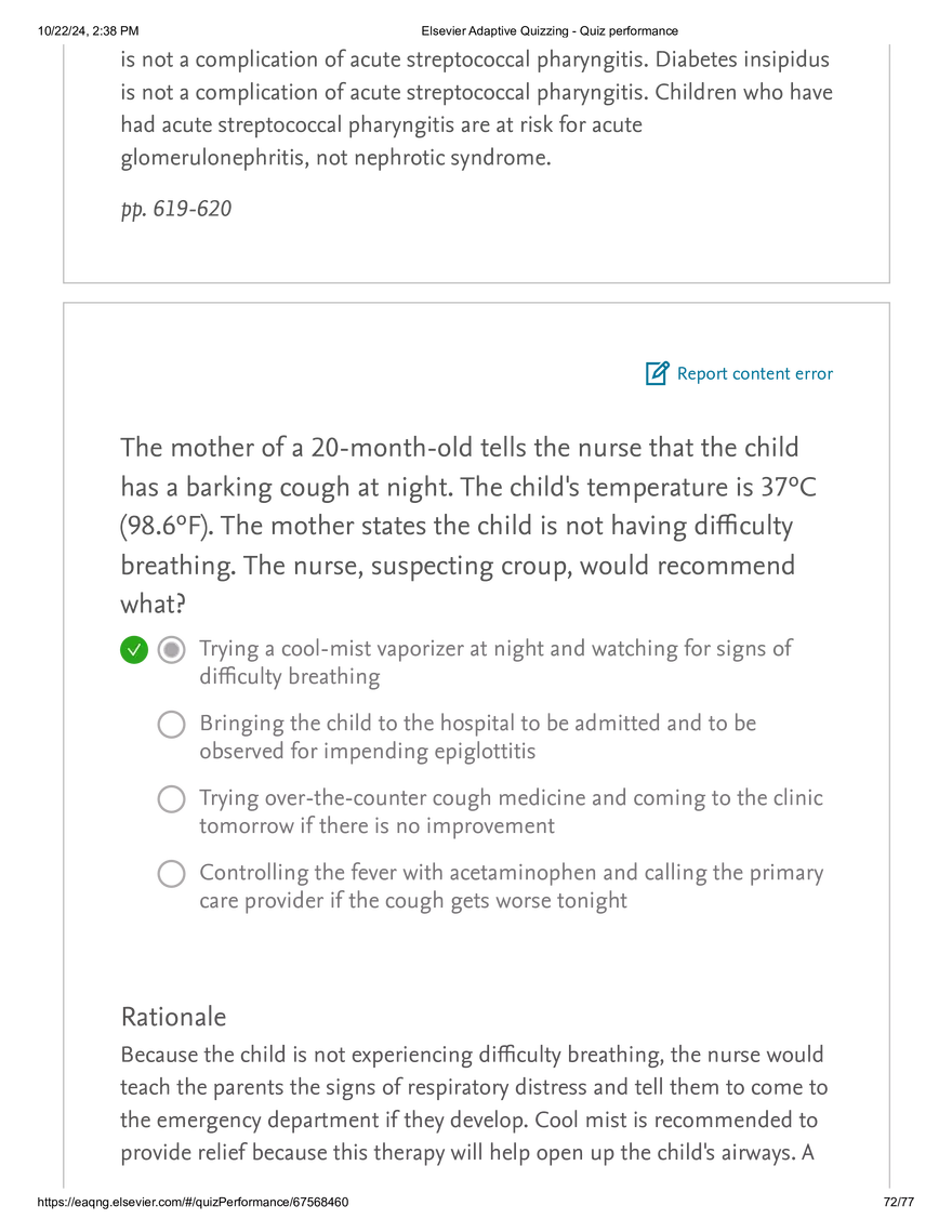 Elsevier Adaptive Quizzing - Quiz performance respiratory - Page 70
