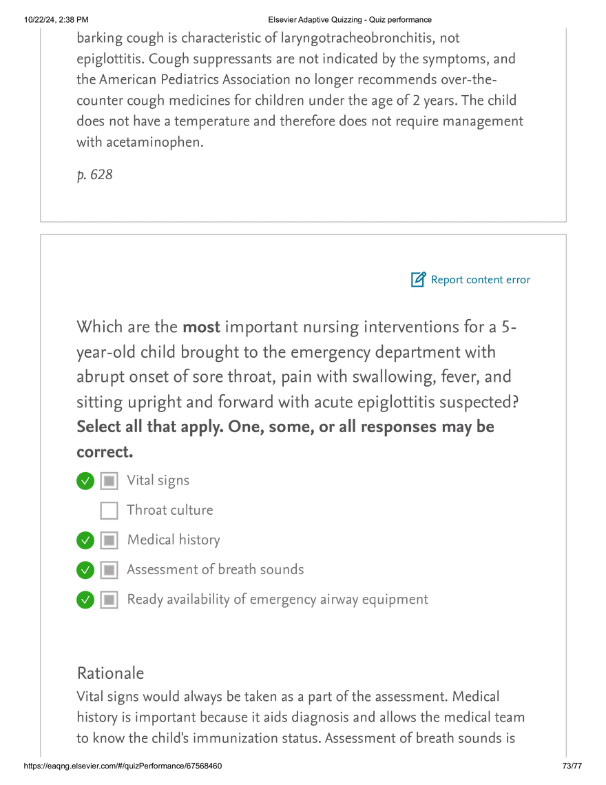 Elsevier Adaptive Quizzing - Quiz performance respiratory - Page 71