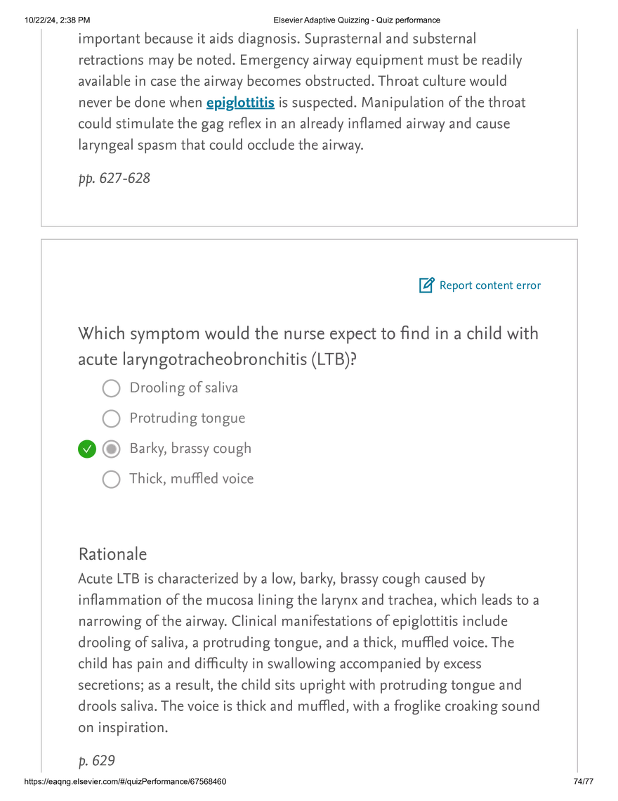 Elsevier Adaptive Quizzing - Quiz performance respiratory - Page 72