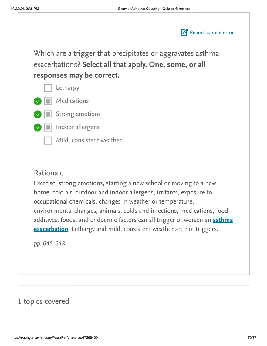 Elsevier Adaptive Quizzing - Quiz performance respiratory - Page 74