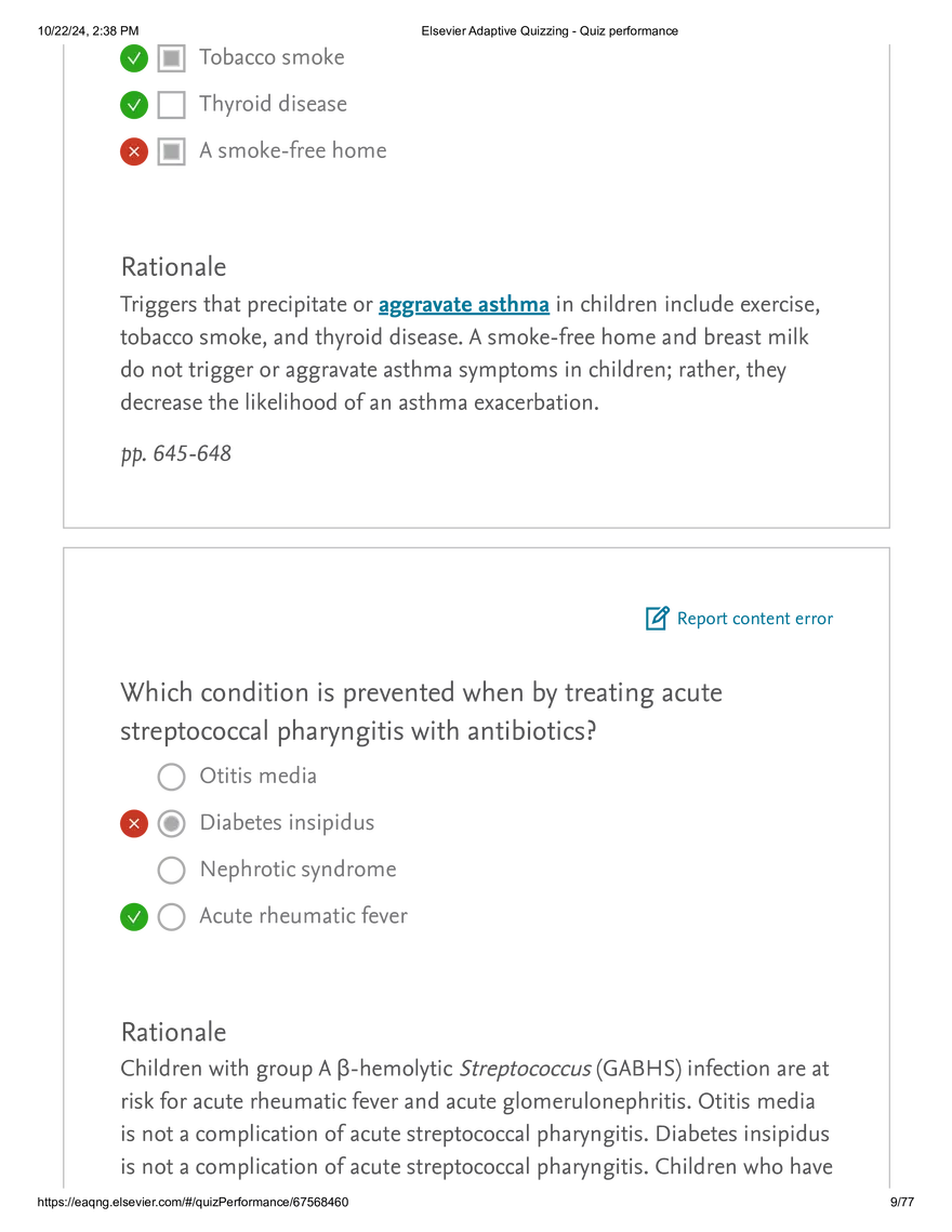 Elsevier Adaptive Quizzing - Quiz performance respiratory - Page 76