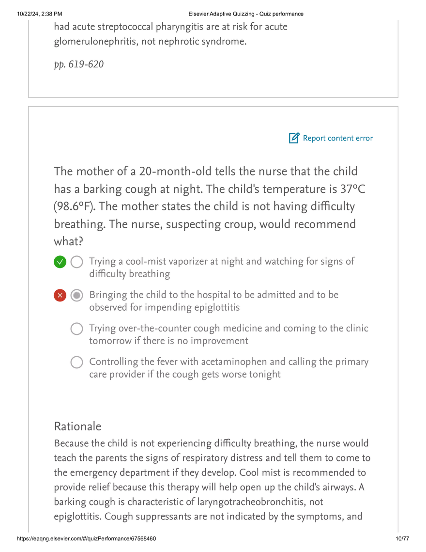 Elsevier Adaptive Quizzing - Quiz performance respiratory - Page 77