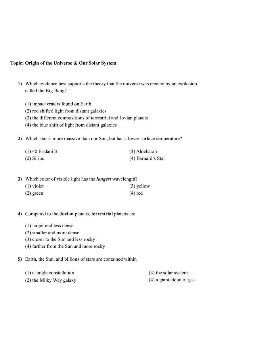 Origin of the Universe and Our Solar System Answer Key - Page 1