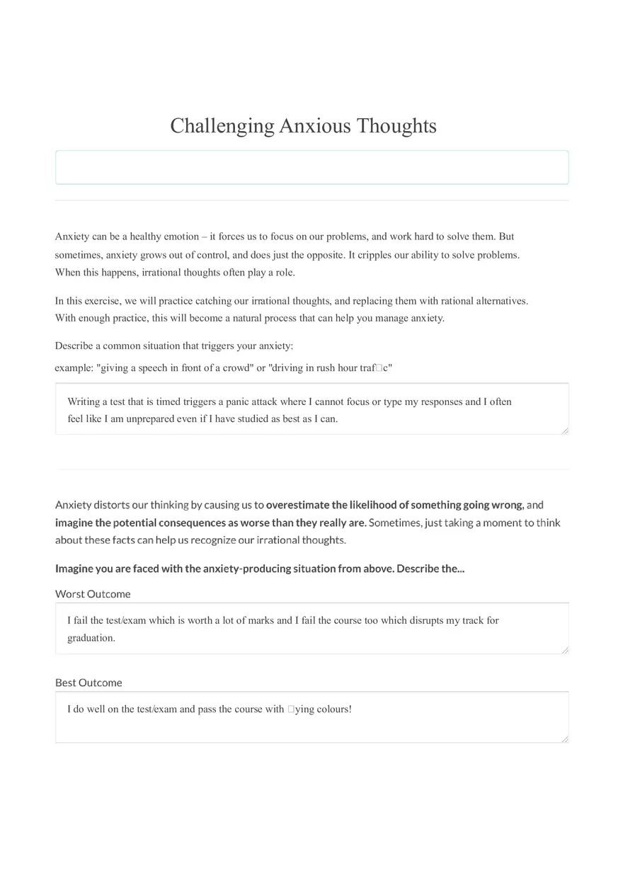 Worksheets Challenging Anxious Thoughts - Page 1