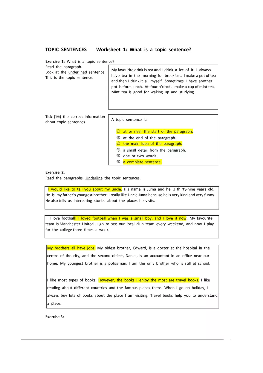 Topic Sentences Worksheet 1 - Page 1