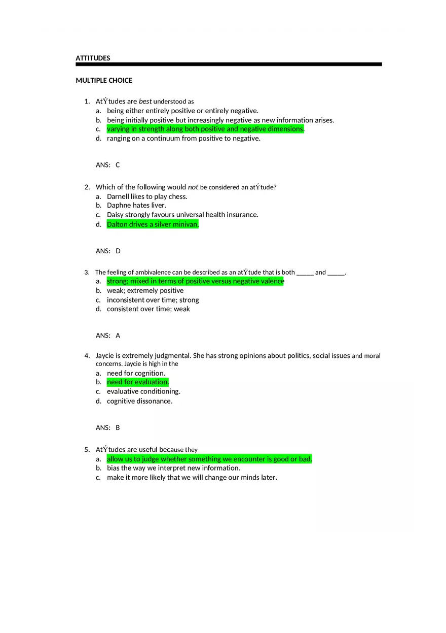 Attitudes - Social Test Bank 2 Part 1 - Page 1