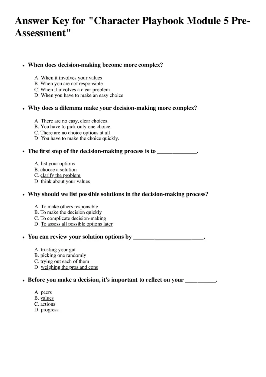 Answer Key for Character Playbook Module 5 Pre-Assessment - Page 1