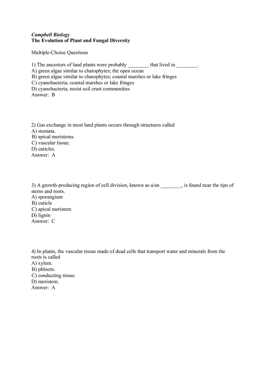 The Evolution of Plant and Fungal Diversity Answer Key 1-46 - Page 1