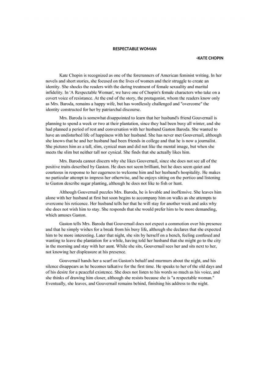 A Respectable Woman Summary - Page 1