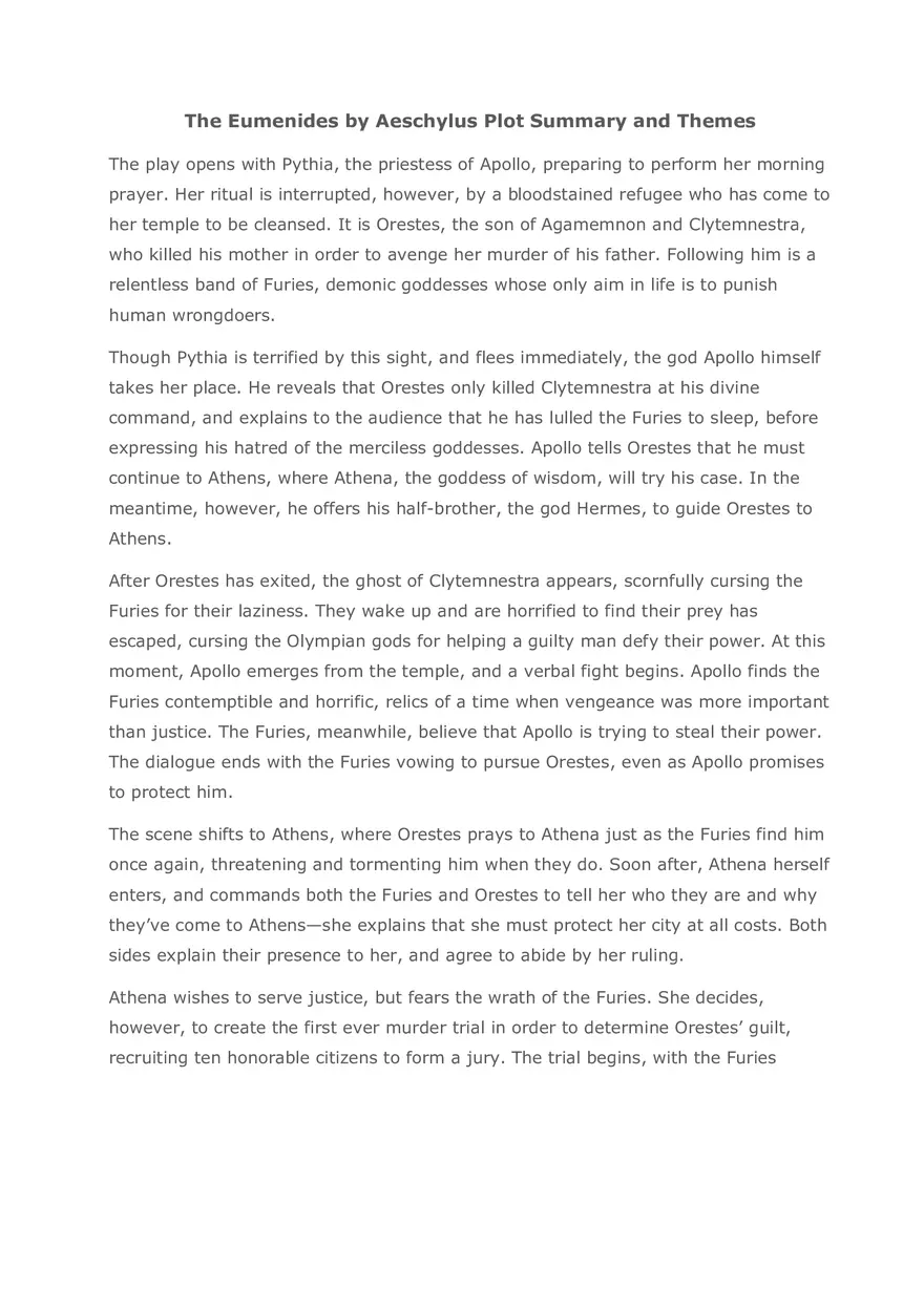 The Eumenides by Aeschylus Plot Summary and Themes - Page 1