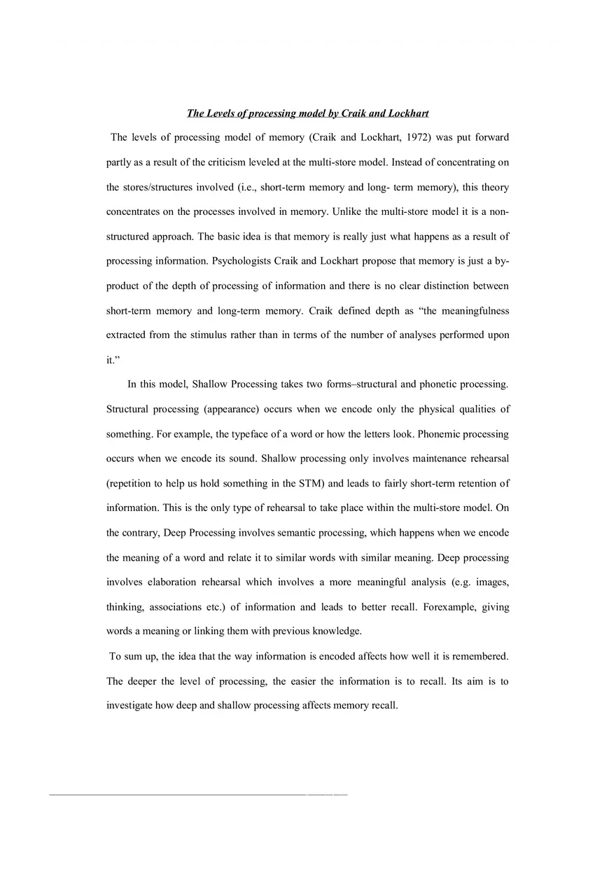 The Levels of Processing Model by Craik and Lockhart - Page 1