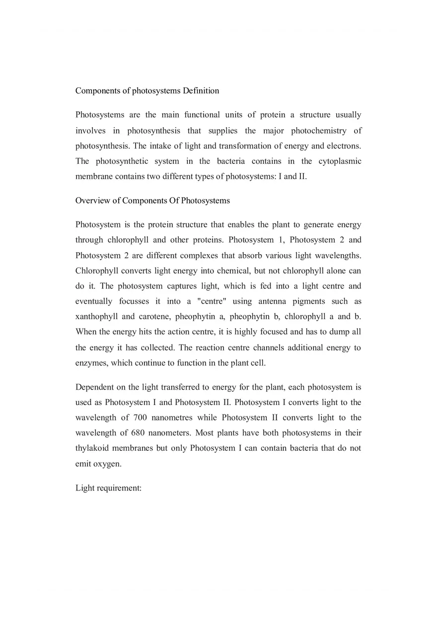 Components of Photosystems Definition Lecture Notes - Page 1