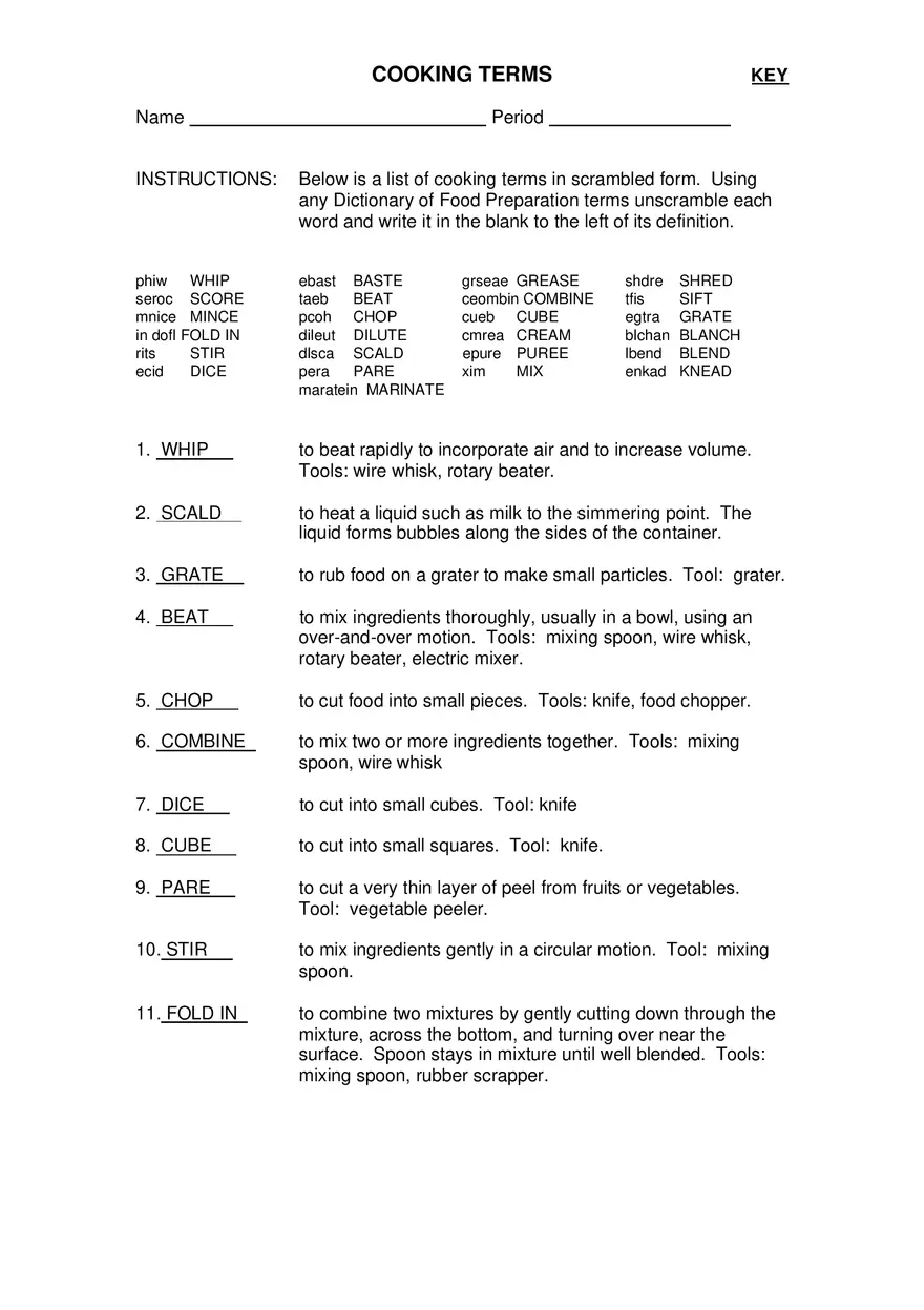 Cooking Terms Key - Page 1