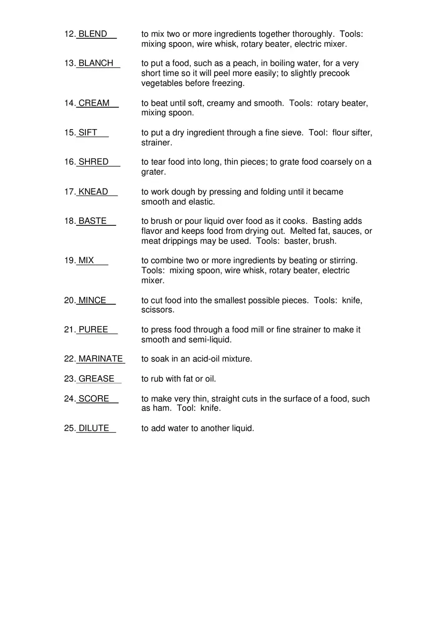Cooking Terms Key - Page 2