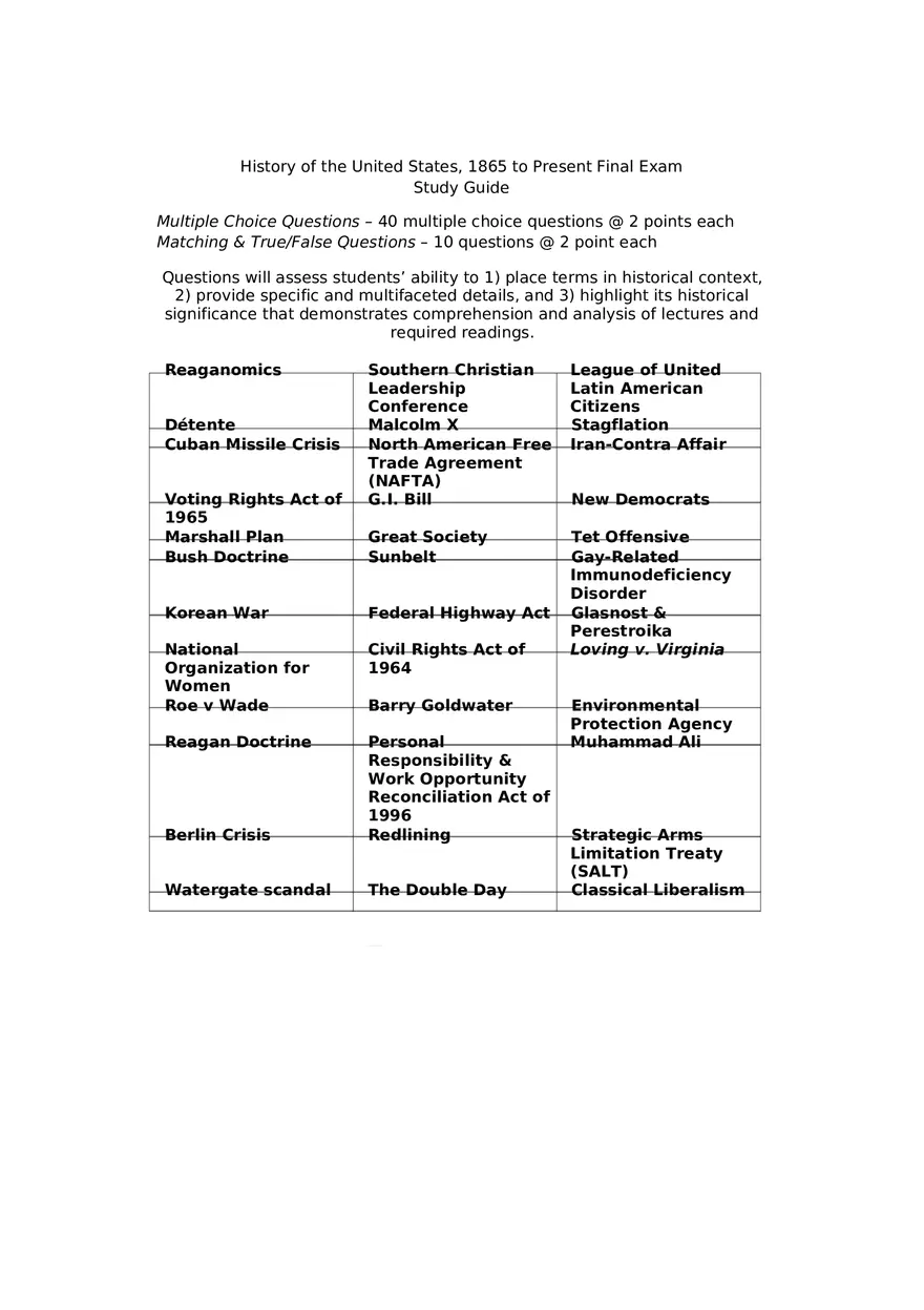 History of the United States, 1865 to Present Final Exam Study Guide - Page 1