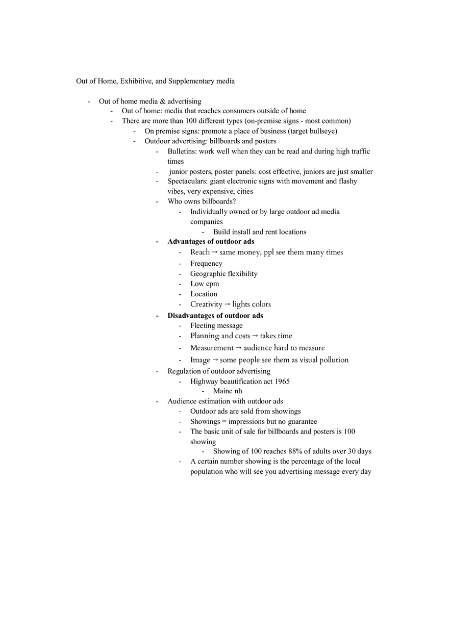 Out of Home, Exhibitive, and Supplementary Media Lecture Notes - Page 1
