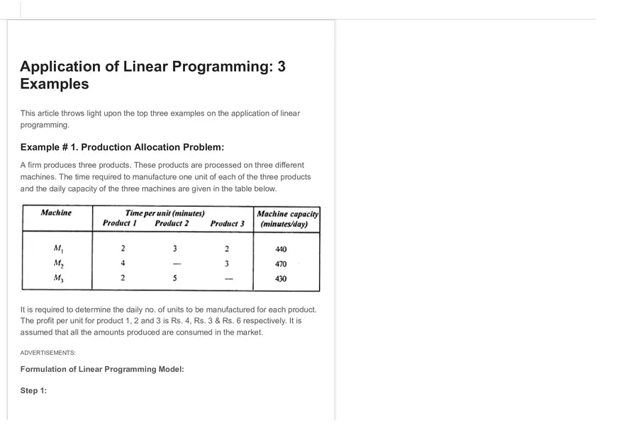 Application of Linear Programming 3 Examples - Page 1