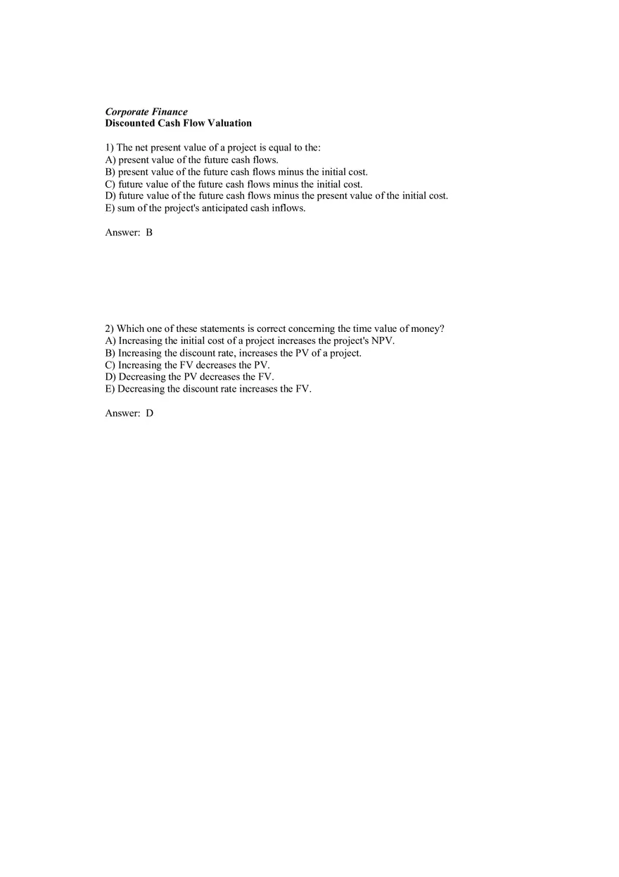 Corporate Finance Discounted Cash Flow Valuation Answer Key 1 - Page 1