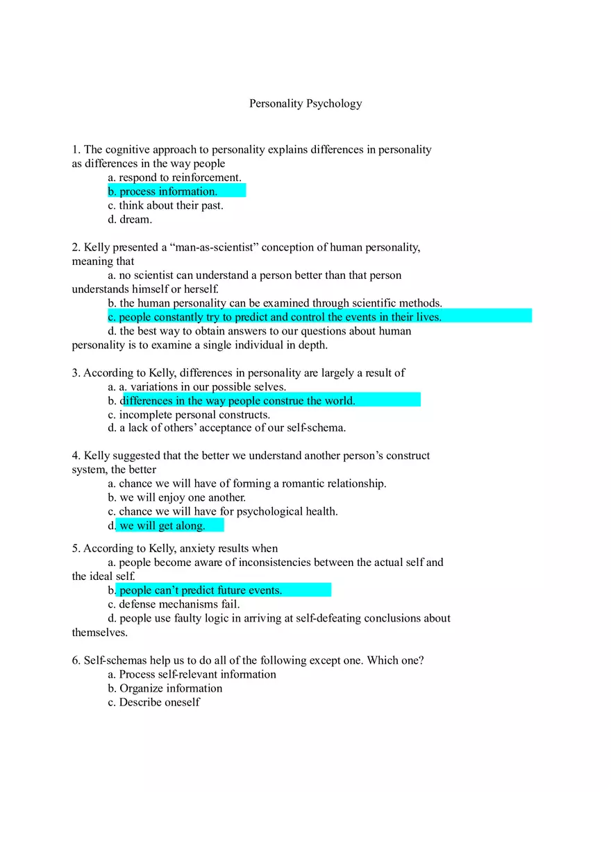 Personalilty Psychology Quiz 4 Answer Key - Page 1